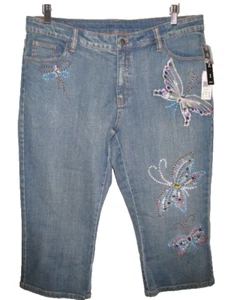 Neu mit Etikett Damengröße 14 Vintage A.Z.I. Swarovski Butterfly Denim Stretch Capri Jeans - Bild 1 von 13