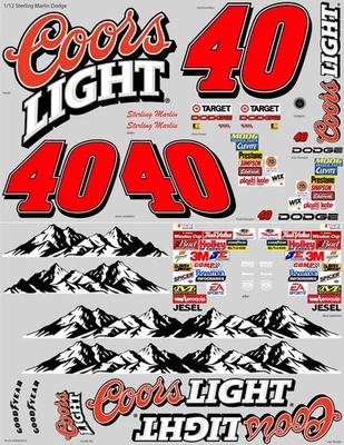 Folha de decalque de transferência de carro Dodge RC escala 1/12 Sterling Marlin 2002 Coors Light - Imagem 1 de 4