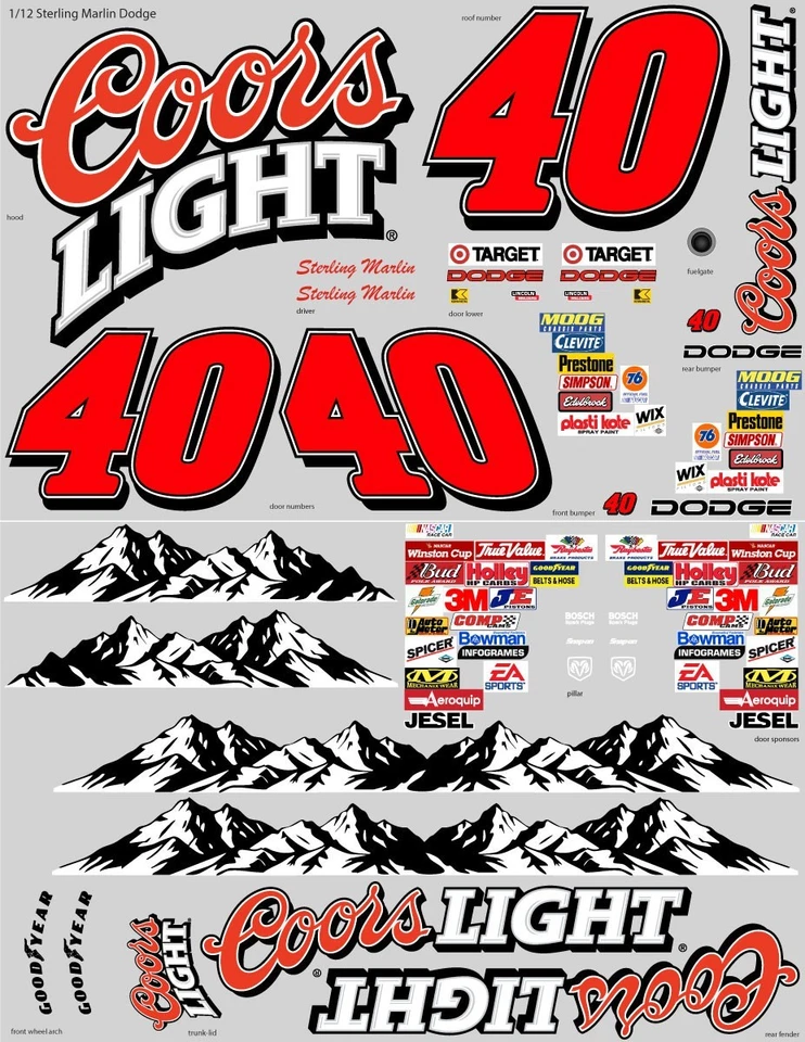 1/12 Scale Sterling Marlin 2002 Coors Light Dodge RC Car Transfer Decal sheet - Image 1 of 4