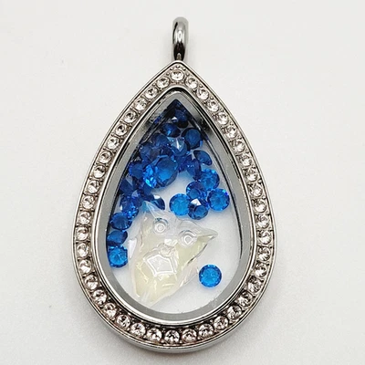 Origami Búho Tono Plata Ovalado Bisagras Cristal Medallón Colgante Azul Flotante Dijes Foto 1 de 4