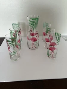 Pier 1 Fannie Flamingo Hand Painted Carafe & 6 Tall Collins Glasses -Brunch - Picture 1 of 8