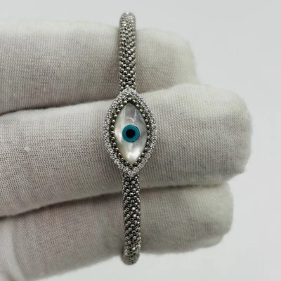 925 Sterling Evil Eye Bracelet Mesh Made in Italy Magnetic Clasp Signed QG - image 1 of 4