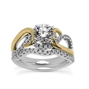 14k White and Yellow Gold 0.49ct Brilliant Round Cut Diamond Engagement Ring Set - Picture 1 of 5