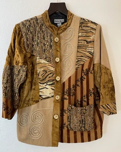 Vintage Indigo Moon Tapestry Jacket, Size 1X, Patchwork Pattern Brown Black - Picture 1 of 8