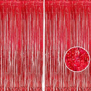 Red Tinsel Foil Fringe Curtains - 2Pcs 3.2X8.2Ft Holidays Photo Booth Backdrop f - Picture 1 of 9
