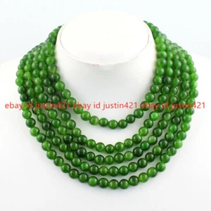 5 Rows 8mm Natural Nephrite Green Jade Round Beads Gemstone Necklace 17-22" - Picture 1 of 12