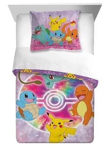 Pokemon Kids Tie-Dye Reversible Comforter and Sham, Pikachu Pals Twin/Full Bed - Picture 1 of 3