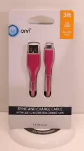 Onn Sync And Charge Cable, With USB To MICRO-USB Connectors 3 Feet New Pink - Picture 1 of 2
