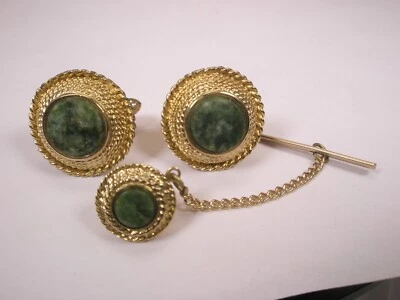 Gemelos y corbata vintage de calidad de piedra de jade verde genuina diseño simple Foto 1 de 4