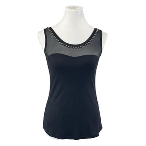 H+M Women’s XS Tank Top Sheer Neck Bust Silver Studded Sleeveless Black Stretch - Picture 1 of 17