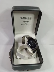 Untested Embassy Genuine Diamond Quartz Watch Bracelet Black Face GEM13DD39 - Picture 1 of 15