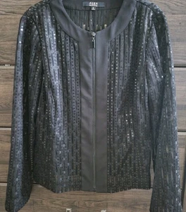 Alex Marie Evening Holiday Black Zip Front Sequin Light Jacket,Semi Sheer, Sz 12 - Picture 1 of 6