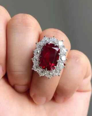Art Deco Cushion Red Ruby & Lab-Created White Sapphire In 935 Silver Halo Ring - Image 1 of 4