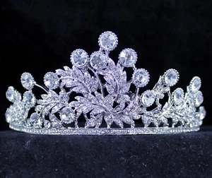 Floral Clear Austrian Crystal Rhinestone Tiara Hair Crown Prom Wed Bridal T782 - Picture 1 of 4