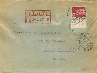 Estonia Eesti, 1929, 2 Stamps, Foreign Registered Letter from Serti to Spain, - Image 1 of 3