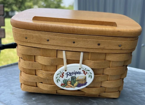 Longaberger Recipe Basket Box, Tie-on, Liner, Wooden Lid, Cards, Protectors 1998 Cover