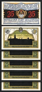 Germany, Zeulenroda 25 Pfennig 1921, UNC, 5 Pcs LOT, Type 3 - Picture 1 of 4