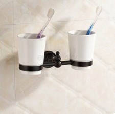  Oil Rubbed Bronze Wall Mounted Bathroom Toothbrush Holders Dual Ceramic Cups 