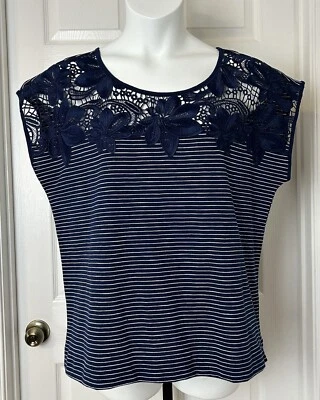 St John's Bay Cap Sleeve Top Womens XL Blue Striped Lace Top Embroidered Floral - Image 1 of 4