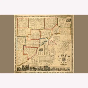 Mapa del condado de Lucas, Ohio; mapa antiguo; mapa pictórico o ojo de pájaro, 1861 - Imagen 1 de 11