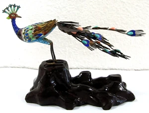 Antigua escultura china de pájaro pavo real cloisonne dorada de plata del siglo XIX - Imagen 1 de 16