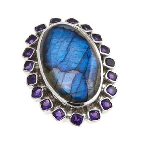 Meher's Jewel S Silver Cabochon Labradorite and Amethyst Gemstone Bezel Set Ring - Picture 1 of 2