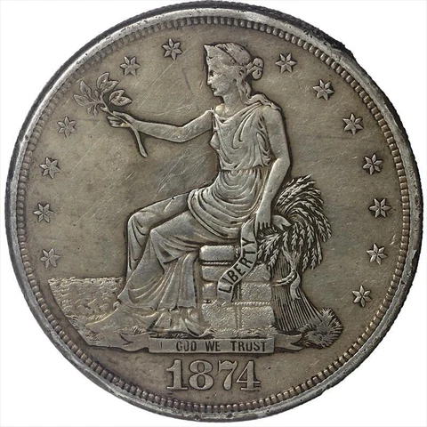 1874-S Silver Trade Dollar T$1, Raw About Uncirculated, Heavy Bag Marks Cover
