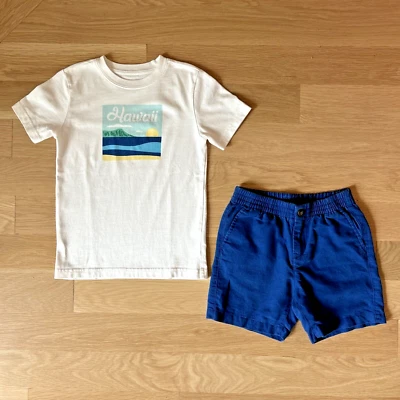 Janie And Jack Outfit Boys 5 Blue Linen Shorts Pull On Hawaii T Shirt - Image 1 of 4