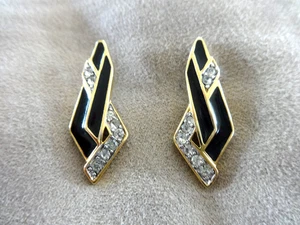 STUNNING VTG CROWN TRIFARI ART DECO PIERCED EARRINGS ENAMEL CRYSTAL RHINESTONE - Picture 1 of 9