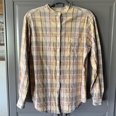LL Bean Women's Vintage Plaid Linen Cotton Band Collar Button Up Shirt, Yellow,S - Image 1 of 4