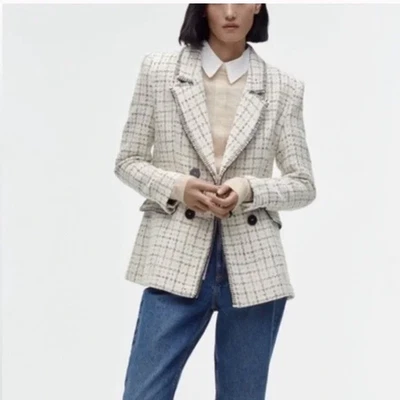 Zara Double Breasted Tweed Texture Weave White Casual Blazer Jacket Women’s Sz M - Image 1 of 4