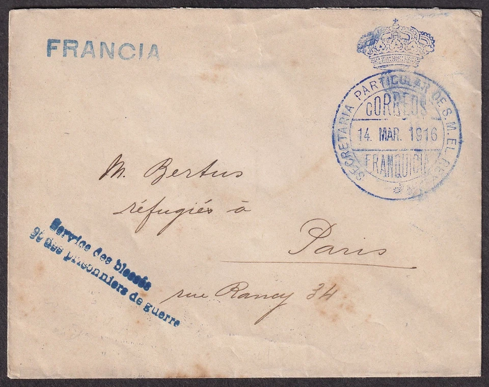 Spain 1916 King Royal Free Frank on Prisoner of War POW Cover to Paris France - Image 1 of 2
