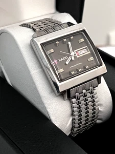 Rado Manhattan Square TV Mens Steel Vintage Rare Black Dial Day Date Automatic - Picture 1 of 12