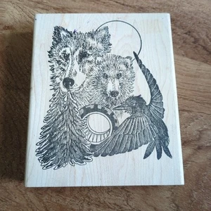 Sello grande de goma de madera para hacer pistas lobos árboles lunares pájaro suroeste - Imagen 1 de 2