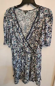 Lily Rose Women's Large V-Neck Short Sleeve Romper Blue Floral Print - Picture 1 of 8