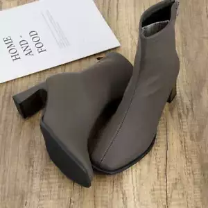 Women Ankle Boots Pointy Toe Chelsea Booties Ladies Block Heel V Cut Retro Shoes - Picture 1 of 17