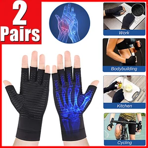 2 Pairs Copper Compression Arthritis Gloves Carpal Tunnel Joint Pain Relief Hand - Picture 1 of 11