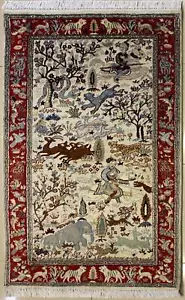 Rugstc 3x5 Senneh Pak Persian Ivory Rug,Hand-Knotted,Pictorial Hunting,Silk/Wool - Picture 1 of 5