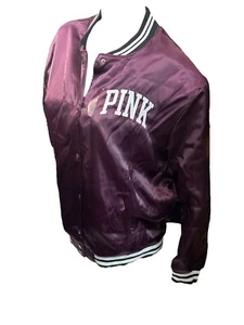 Victoria's Secret Pink Satin Bomber Jacket Snap Buttons Maroon Medium NWT - Picture 1 of 4