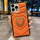 Down Jackets Leather Square Case Cover Heart Ring Stand for iPhone Samsung Phone