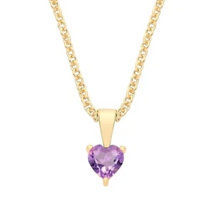 9ct Yellow Gold Natural Amethyst Heart Solitaire Pendant + 18" Chain - February - Picture 1 of 7