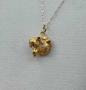 Lion Panthère Léopard Tigre Pendentif Saphir Diamant 14 Carat Or Victorien
