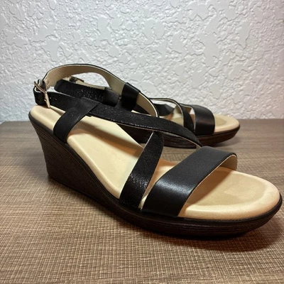 SAS Delight Cross Stap Wedge Sandals Womens 7.5W Black Leather Comfort - Image 1 of 4