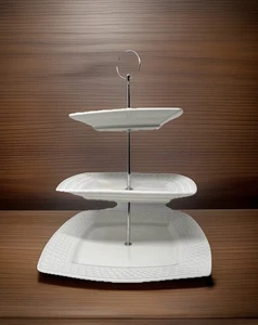 3 Tier Square White Dessert/Serving Tray, Silver Handle Unbranded 10”/7.5”/6”a - Picture 1 of 5