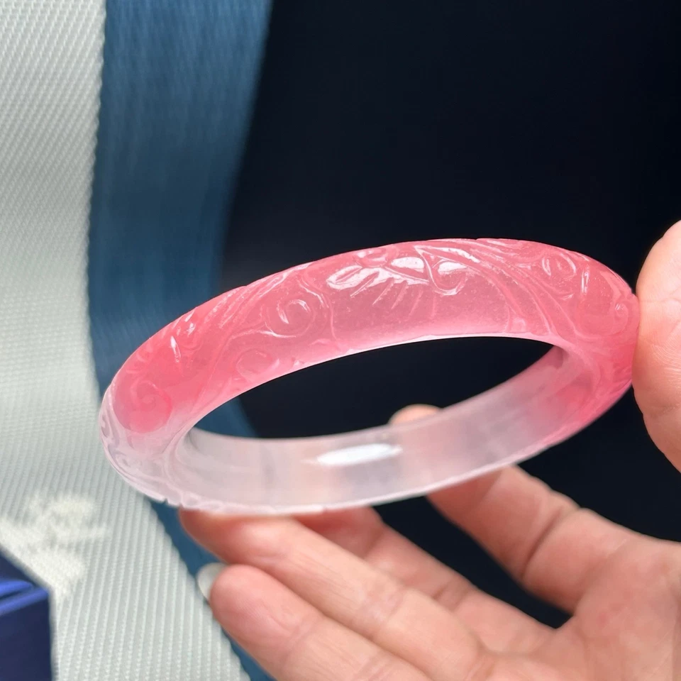 Vintage Natural Grade AAA Ice Pink Jade jadeite carved Ruyi bracelet bangle 62mm - Image 1 of 4