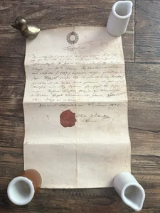 Antique 1842 Hungarian Birth Death Certificate With Wax Seal Ephemera Black Ink - Picture 1 of 19