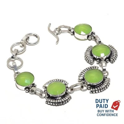 New Year Sale Sterling Silver Natural Green Jade Art Deco Chain Bracelet Jewelry - Image 1 of 4