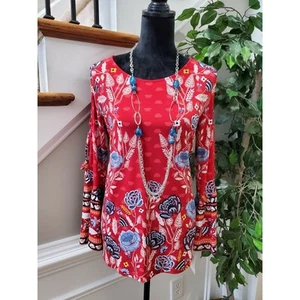 Style & Co. Womens Red Floral Polyester Round Neck Long Sleeve Blouse Size Small - Picture 1 of 12