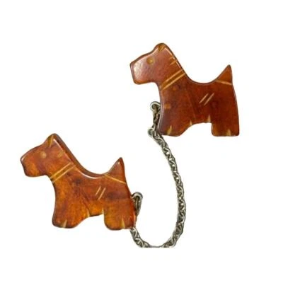 Vintage 30s/40s Amber Bakelite Lucite Buttons/Pins Chatelaine Pair Scotty Dogs  - Image 1 of 4