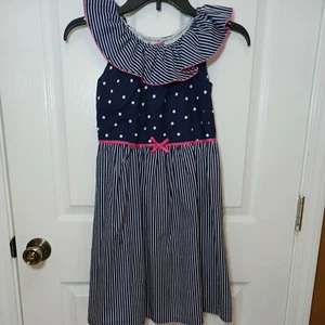 Girls Penelope Mack LTD Blue & White Polka-dot & Striped Sleeveless Dress 10 - Picture 1 of 12